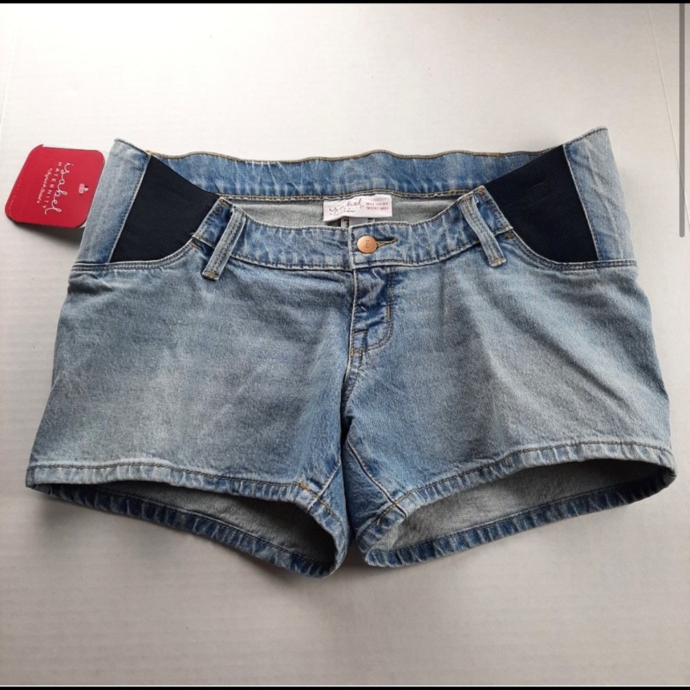 ISABEL Maternity Womens Midi Shorts Light Wash Denim Expandable Side Panels